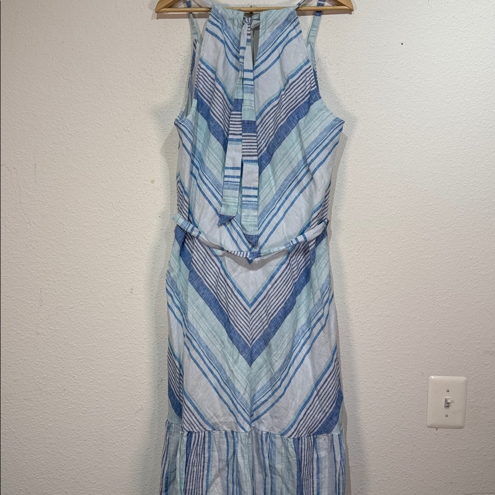 Tommy Bahama Ocean Reverie chevron Blue White Stripe Linen Maxi dress L - Picture 6 of 11